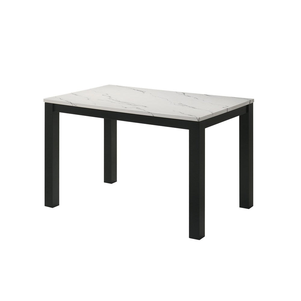 Syon Dining Table, 47 Inch White Faux Marble Top, Black Wood Legs - BM344898