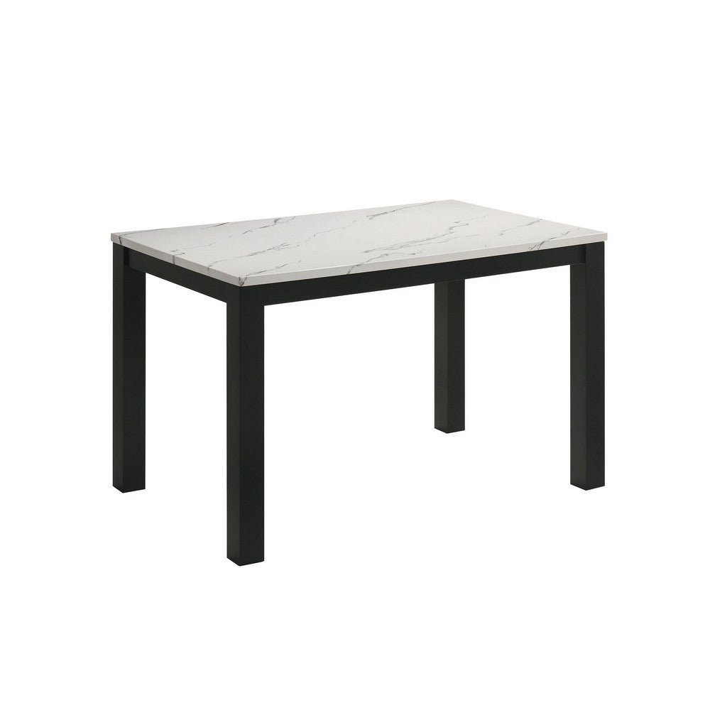 Syon Dining Table, 47 Inch White Faux Marble Top, Black Wood Legs - BM344898