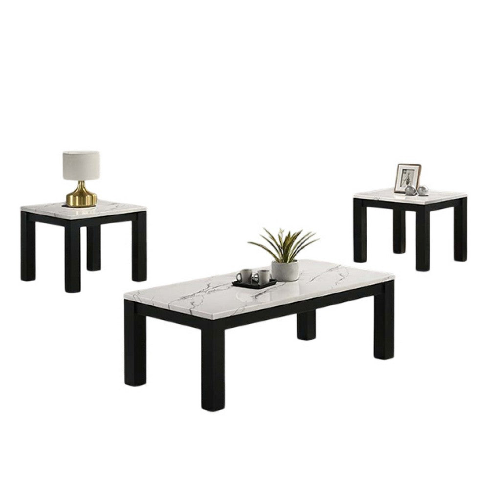 Evie 3pc Coffee and End Table Set, White Faux Marble Top, Black - BM344908