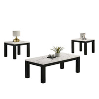 Evie 3pc Coffee and End Table Set, White Faux Marble Top, Black - BM344908