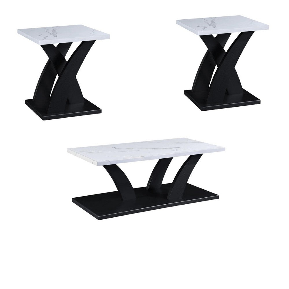 Zen 3pc Coffee and End Table Set, White Faux Marble, Black Legs - BM344914