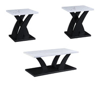 Zen 3pc Coffee and End Table Set, White Faux Marble, Black Legs - BM344914
