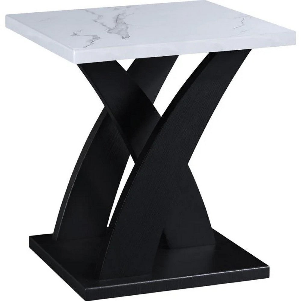 Zen 3pc Coffee and End Table Set, White Faux Marble, Black Legs - BM344914