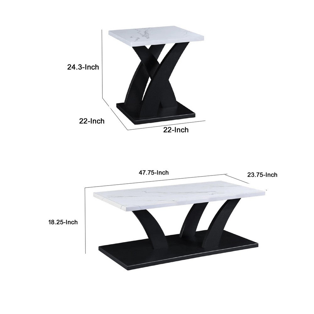 Zen 3pc Coffee and End Table Set, White Faux Marble, Black Legs - BM344914