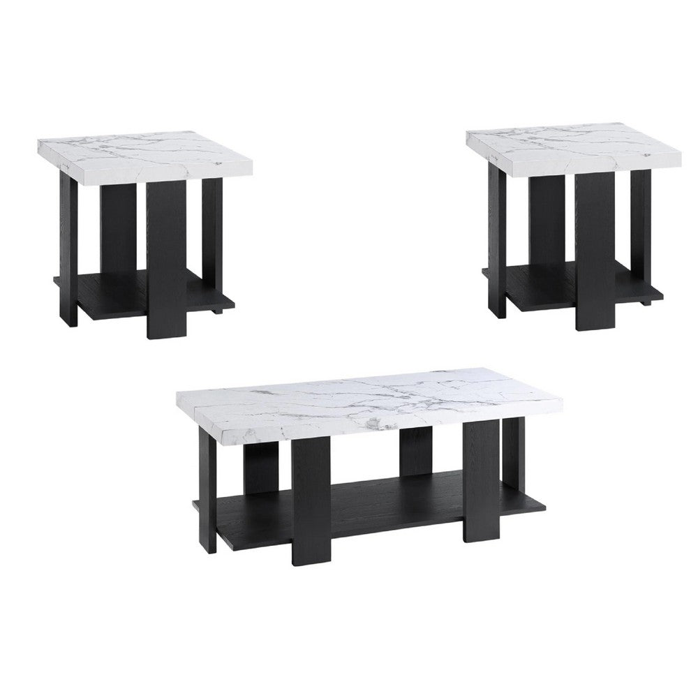 Bexy 3pc Coffee and End Table Set, White Faux Marble Top, Black Shelf - BM344915