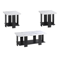 Bexy 3pc Coffee and End Table Set, White Faux Marble Top, Black Shelf - BM344915