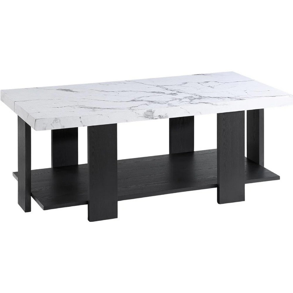 Bexy 3pc Coffee and End Table Set, White Faux Marble Top, Black Shelf - BM344915