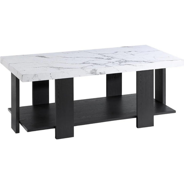 Bexy 3pc Coffee and End Table Set, White Faux Marble Top, Black Shelf - BM344915