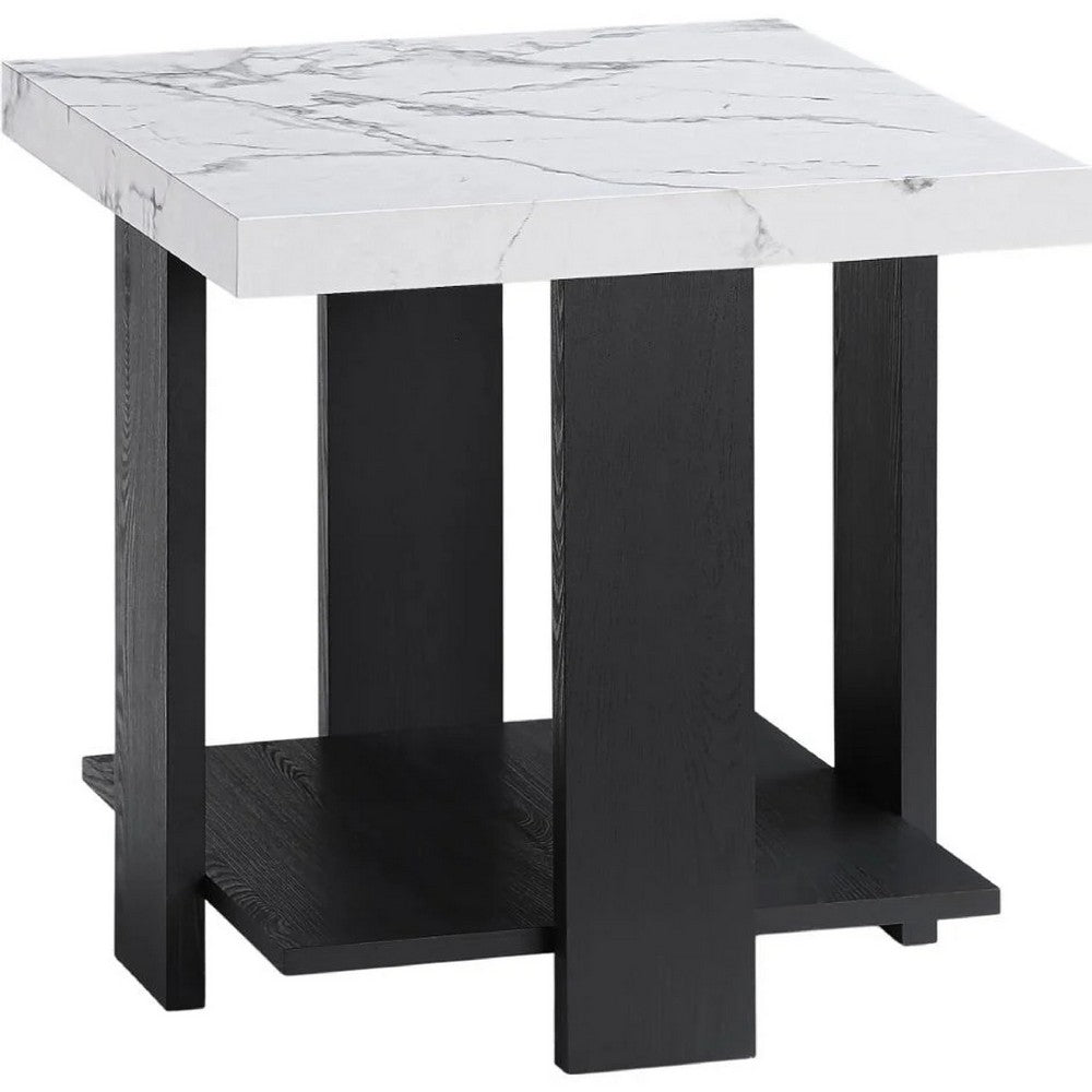 Bexy 3pc Coffee and End Table Set, White Faux Marble Top, Black Shelf - BM344915