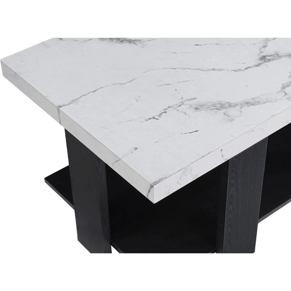 Bexy 3pc Coffee and End Table Set, White Faux Marble Top, Black Shelf - BM344915