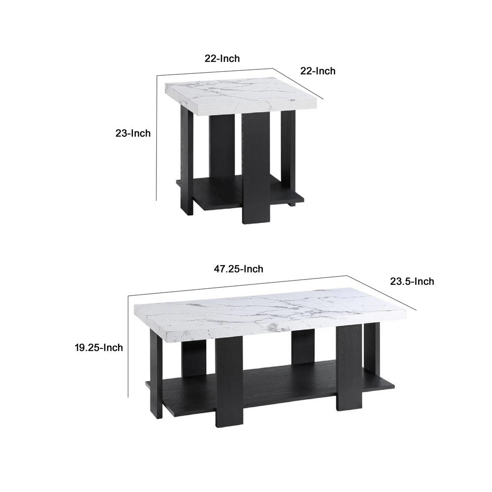 Bexy 3pc Coffee and End Table Set, White Faux Marble Top, Black Shelf - BM344915