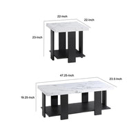 Bexy 3pc Coffee and End Table Set, White Faux Marble Top, Black Shelf - BM344915