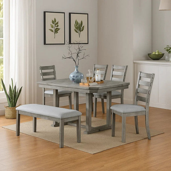 Lais 6pc Dining Table Set with Bench, 4 Ladderback Chairs, Rustic Gray  - BM344923