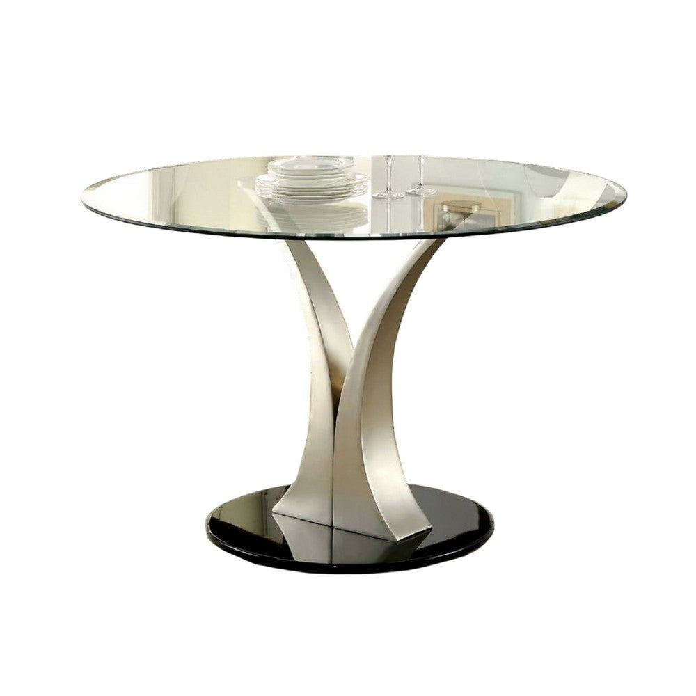 Valie 5pc Dining Set, Round Glass Table, 4 Modern Chairs, Silver-Black - BM344930