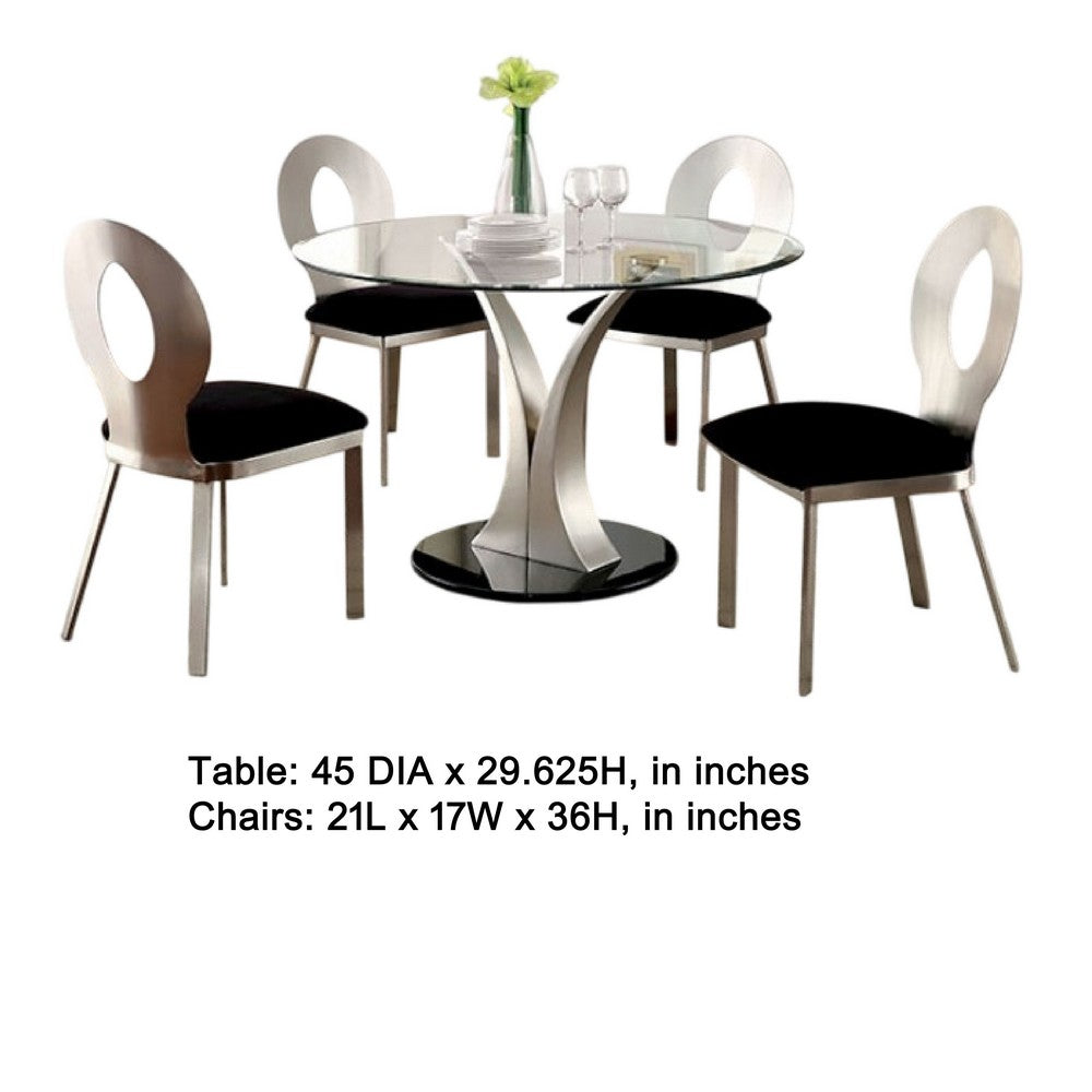 Valie 5pc Dining Set, Round Glass Table, 4 Modern Chairs, Silver-Black - BM344930
