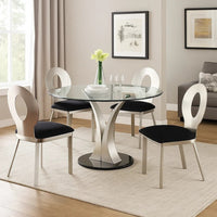 Valie 5pc Dining Set, Round Glass Table, 4 Modern Chairs, Silver-Black - BM344930