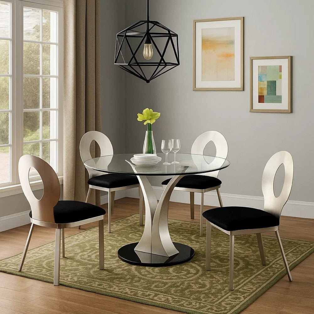 Valie 5pc Dining Set, Round Glass Table, 4 Modern Chairs, Silver-Black - BM344930