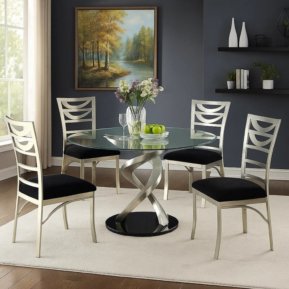 Roxe 5pc Dining Set, Glass Table, 4 Ladderback Chairs, Silver-Black - BM344931