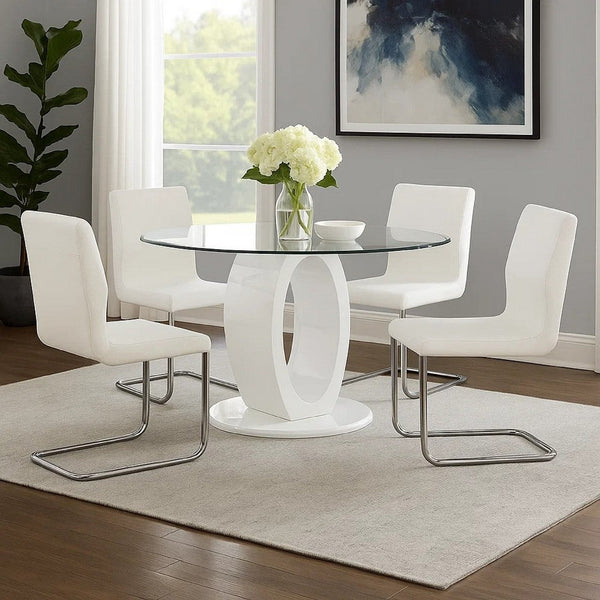 Gregy 5pc Round Dining Table Set, Oval Pedestal Base, White Fabric - BM344938