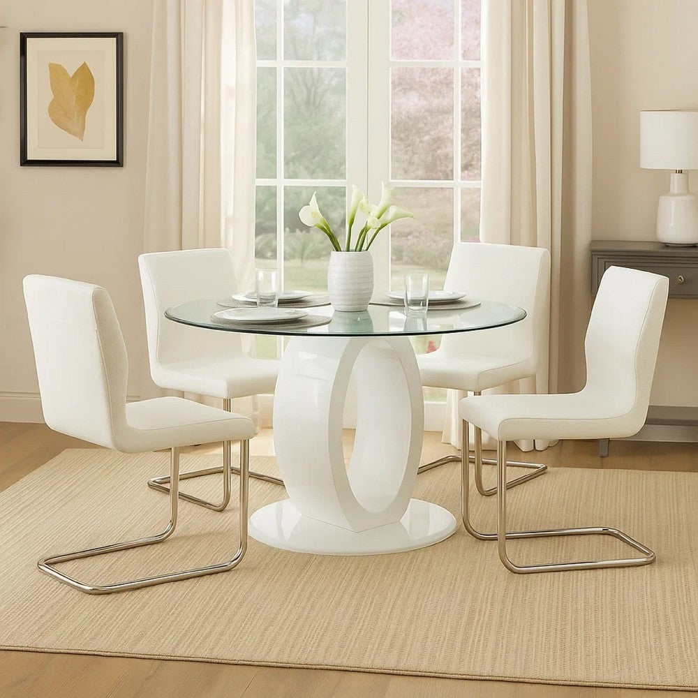 Gregy 5pc Round Dining Table Set, Oval Pedestal Base, White Fabric - BM344938