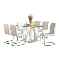 Gregy 7pc Rectangular Glass Dining Table Set, Dual Pedestal, White Fabric - BM344939