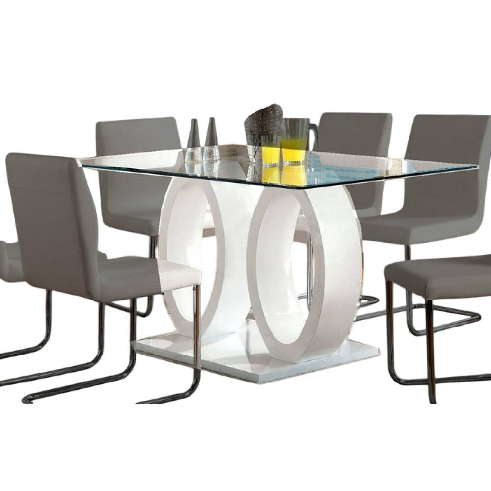 Gregy 7pc Rectangular Glass Dining Table Set, Dual Pedestal, White Fabric - BM344939