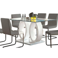 Gregy 7pc Rectangular Glass Dining Table Set, Dual Pedestal, White Fabric - BM344939