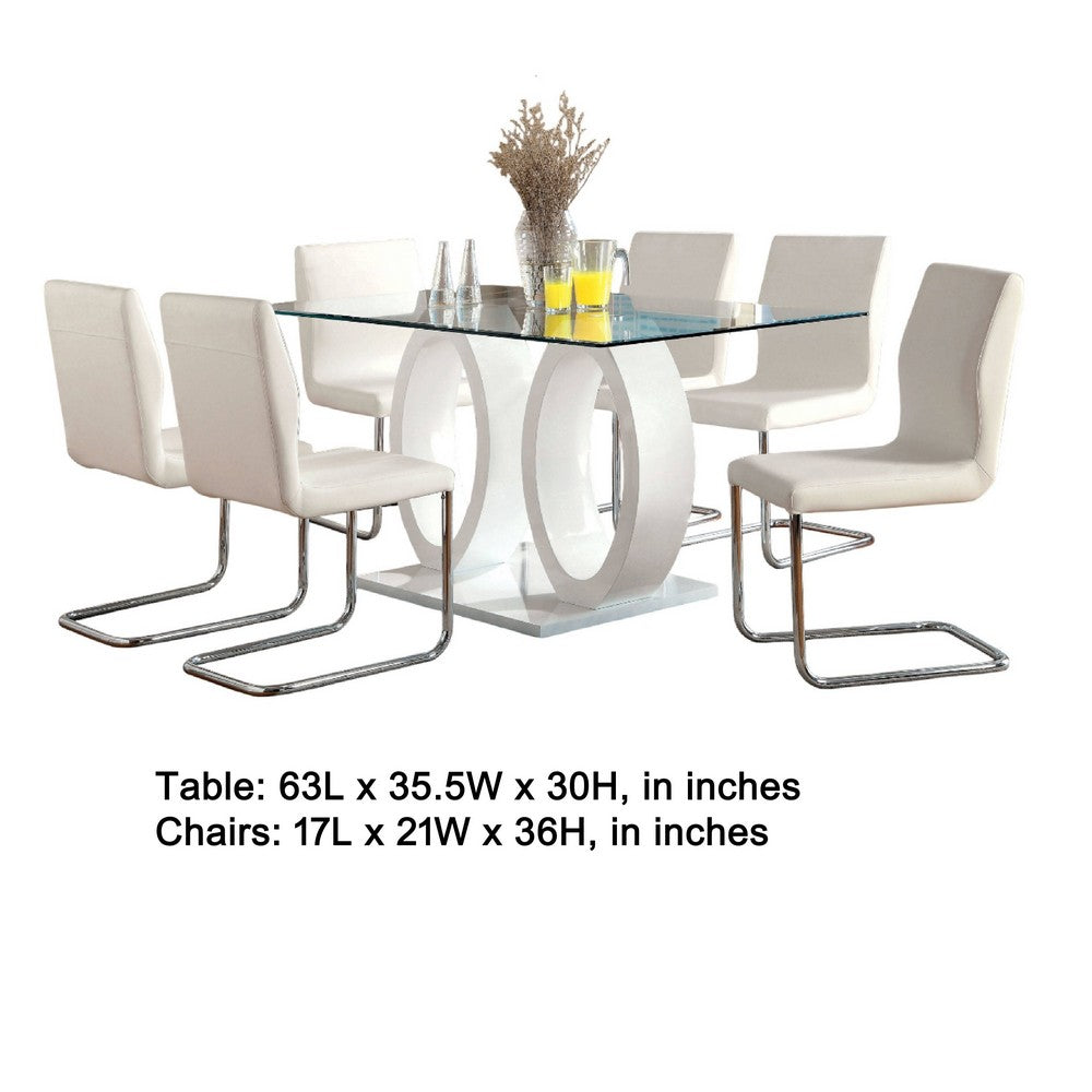 Gregy 7pc Rectangular Glass Dining Table Set, Dual Pedestal, White Fabric - BM344939