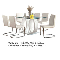 Gregy 7pc Rectangular Glass Dining Table Set, Dual Pedestal, White Fabric - BM344939