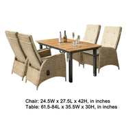 Ankia 5pc Outdoor Dining Set, 4 Reclining Chairs, Beige, 62-84 Inch Table - BM344975