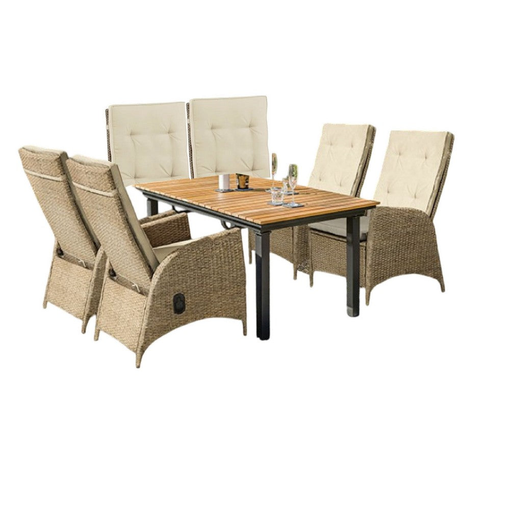Ankia 7pc Outdoor Dining Set, 6 Reclining Chairs, Beige, 62-84 Inch Table - BM344976