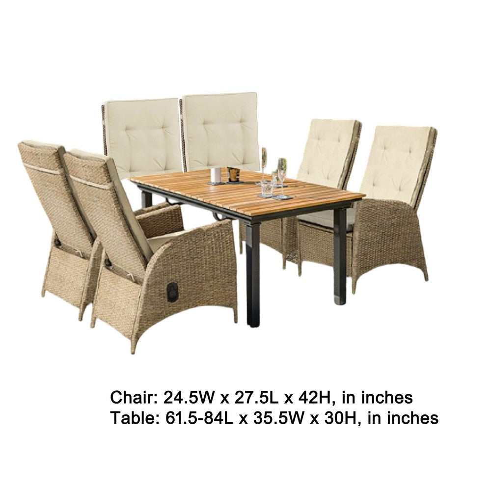 Ankia 7pc Outdoor Dining Set, 6 Reclining Chairs, Beige, 62-84 Inch Table - BM344976