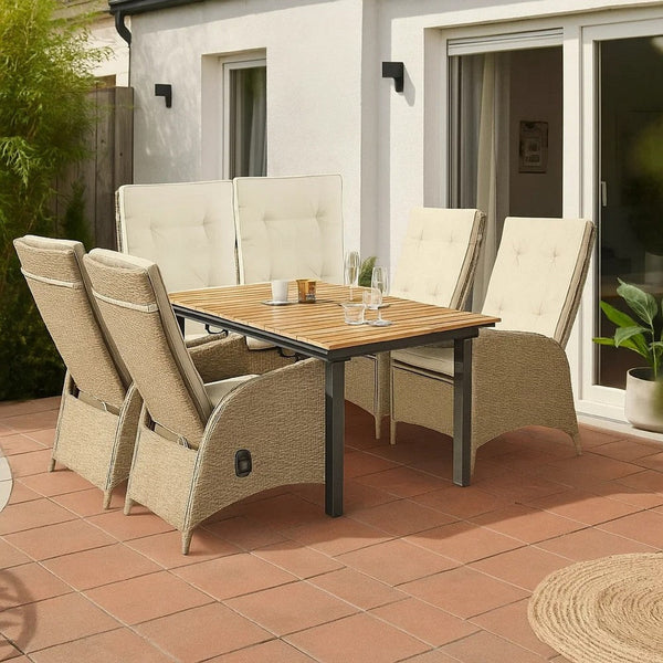 Ankia 7pc Outdoor Dining Set, 6 Reclining Chairs, Beige, 62-84 Inch Table - BM344976