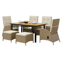 Ankia 7pc Outdoor Reclining Dining Set, 2 Ottomans, 62-84 Inch Table, Brown - BM344977