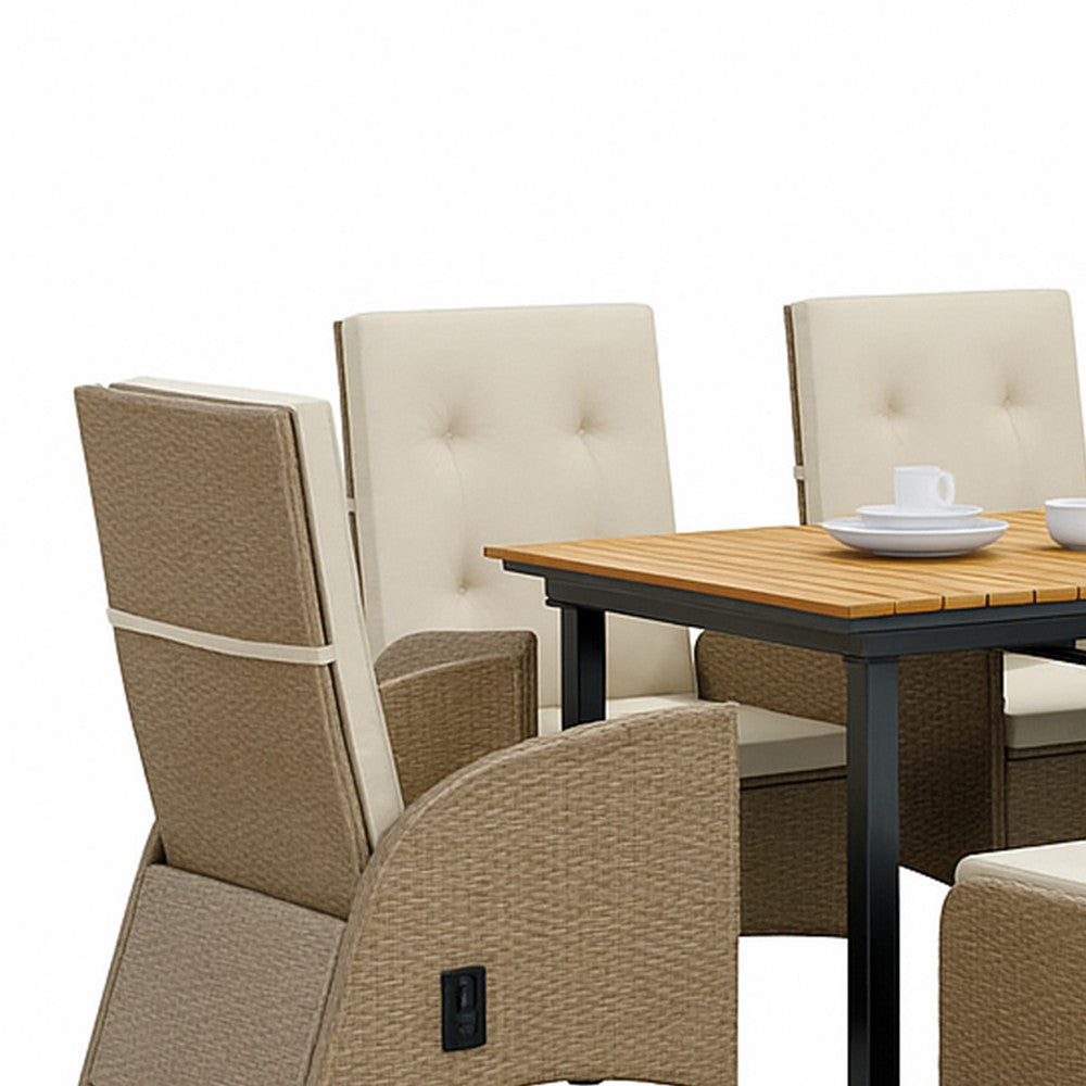 Ankia 7pc Outdoor Reclining Dining Set, 2 Ottomans, 62-84 Inch Table, Brown - BM344977