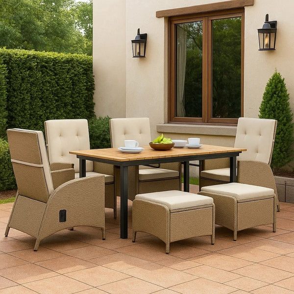 Ankia 7pc Outdoor Reclining Dining Set, 2 Ottomans, 62-84 Inch Table, Brown - BM344977