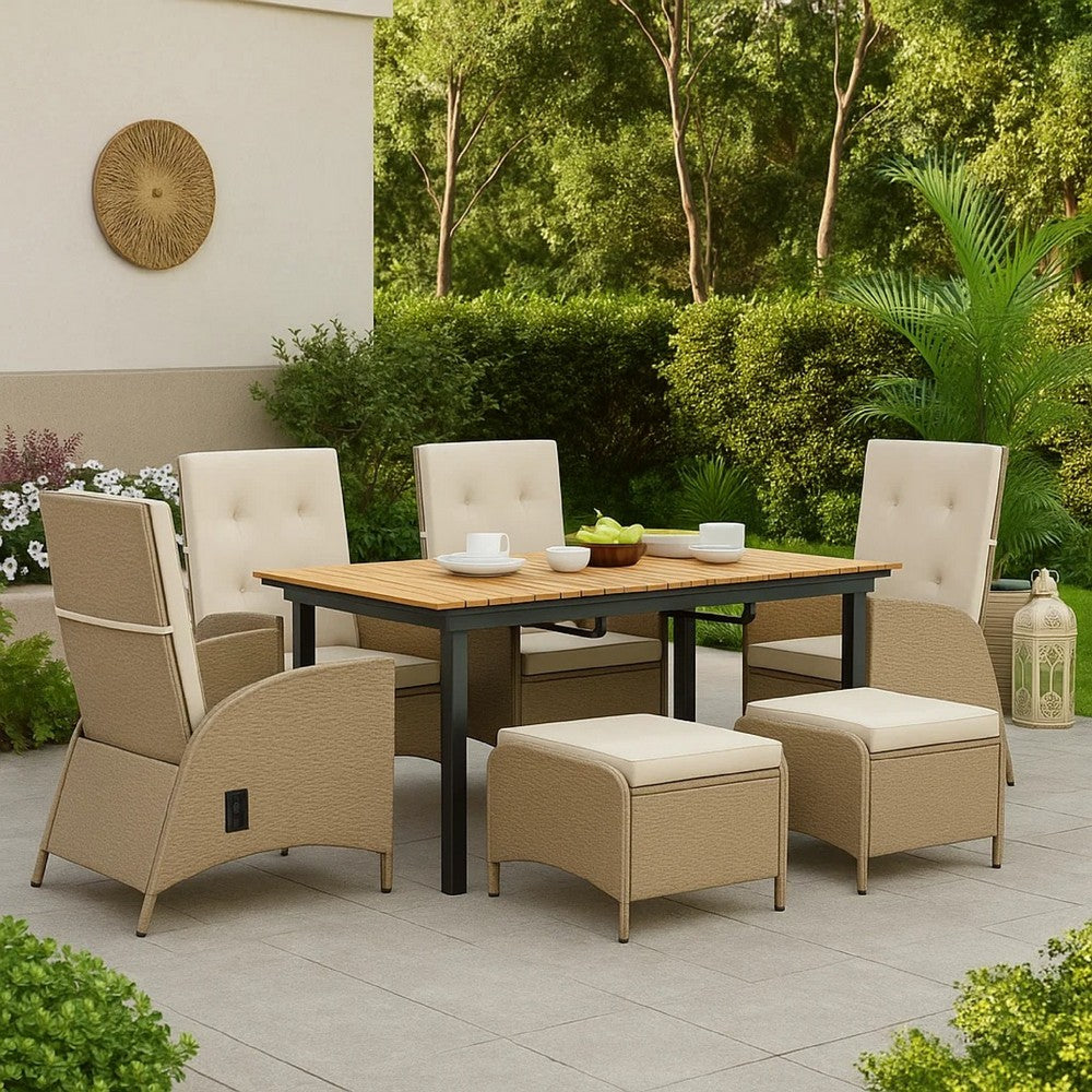 Ankia 7pc Outdoor Reclining Dining Set, 2 Ottomans, 62-84 Inch Table, Brown - BM344977