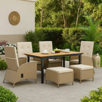 Ankia 7pc Outdoor Reclining Dining Set, 2 Ottomans, 62-84 Inch Table, Brown - BM344977