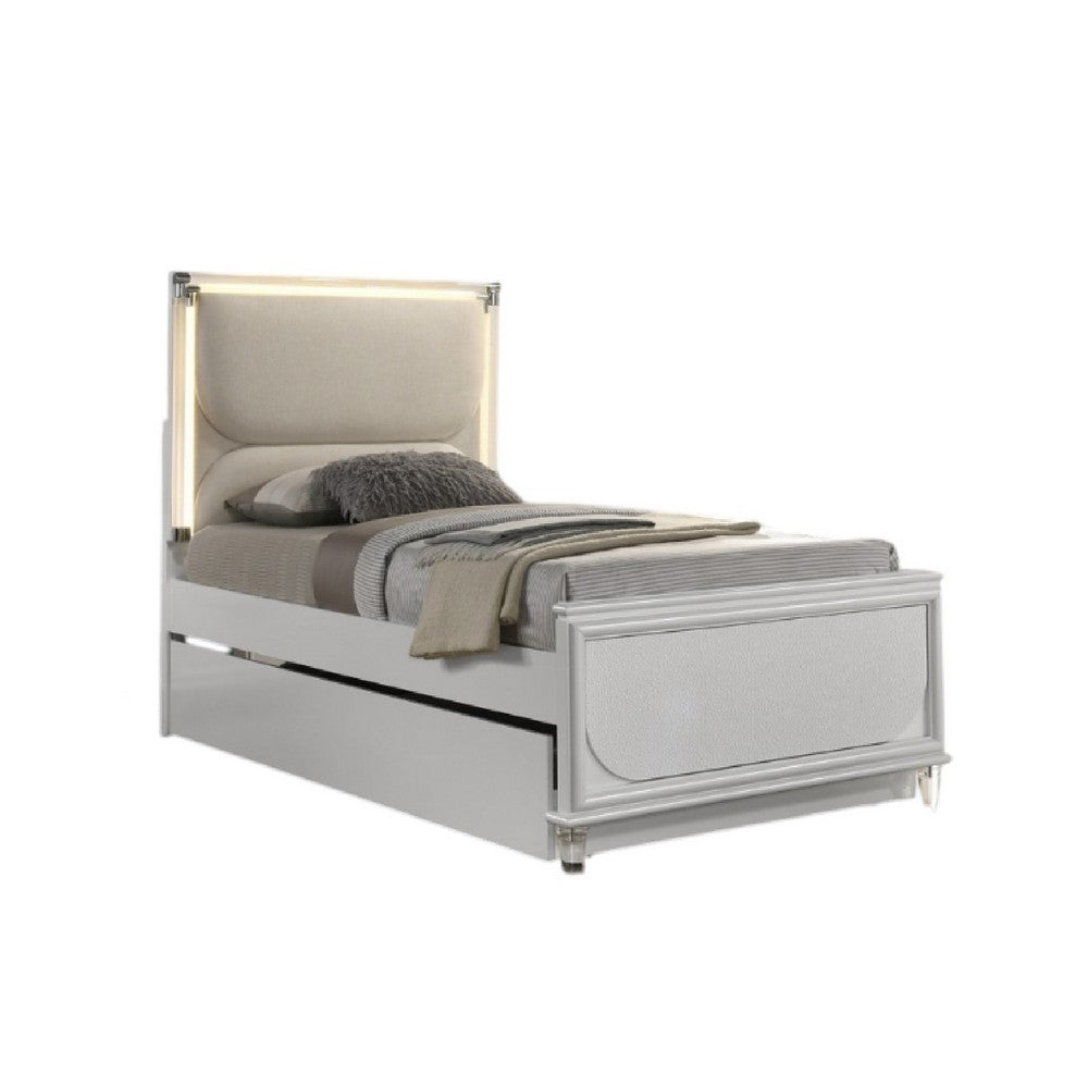 Dima Full Size Bed with Pull Out Trundle and LED Headboard, Pearl White - BM345026