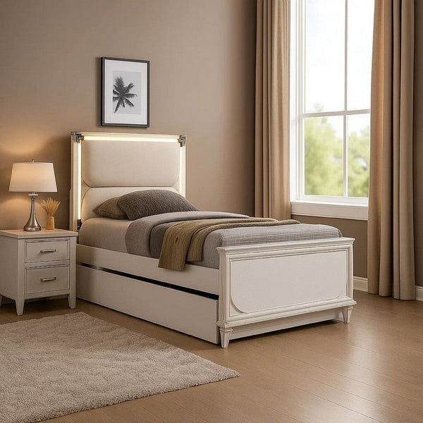 Dima Full Size Bed with Pull Out Trundle and LED Headboard, Pearl White - BM345026