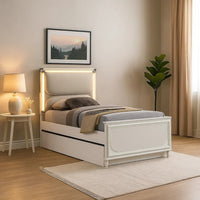 Dima Full Size Bed with Pull Out Trundle and LED Headboard, Pearl White - BM345026