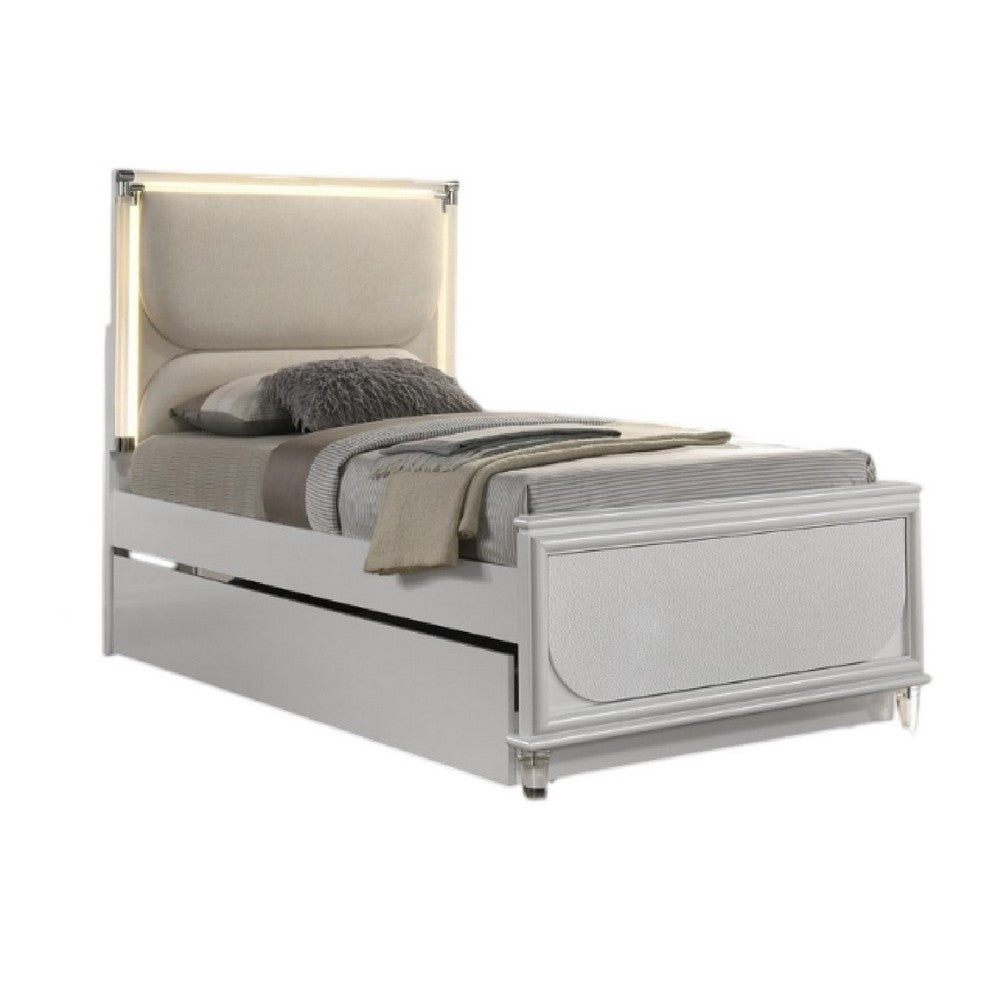 Dima Twin Size Bed with Pull Out Trundle and LED Headboard, Pearl White - BM345027