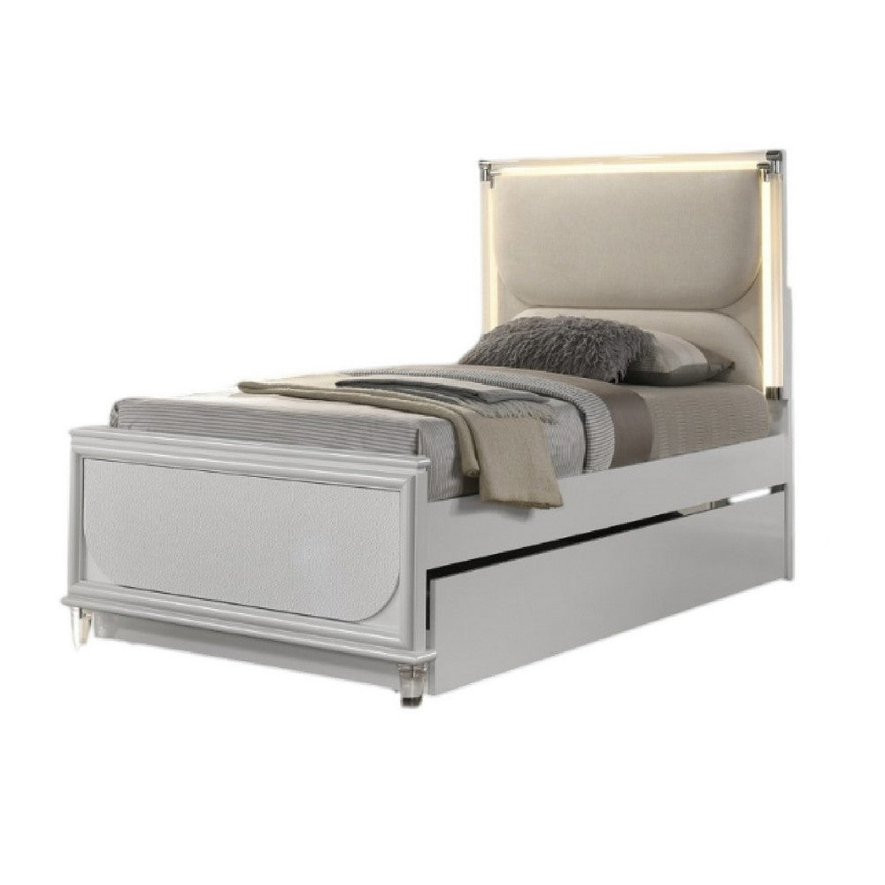Dima Twin Size Bed with Pull Out Trundle and LED Headboard, Pearl White - BM345027