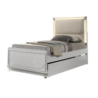 Dima Twin Size Bed with Pull Out Trundle and LED Headboard, Pearl White - BM345027
