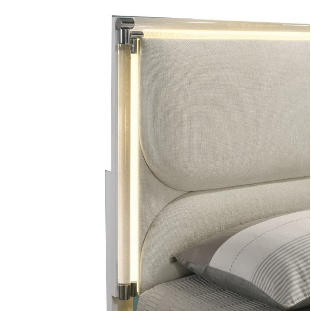 Dima Twin Size Bed with Pull Out Trundle and LED Headboard, Pearl White - BM345027