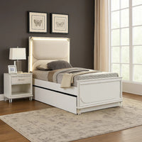 Dima Twin Size Bed with Pull Out Trundle and LED Headboard, Pearl White - BM345027