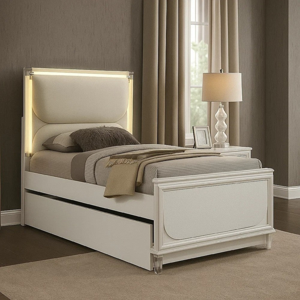 Dima Twin Size Bed with Pull Out Trundle and LED Headboard, Pearl White - BM345027