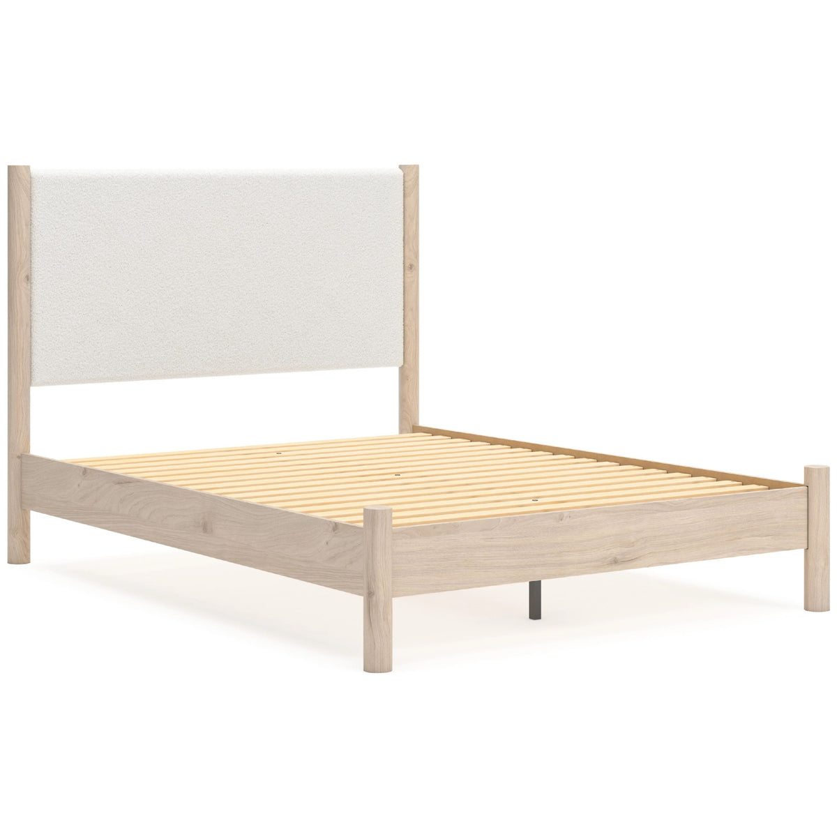 Mooran Queen Size Bed, White Polyester Upholstery, Light Brown Wood