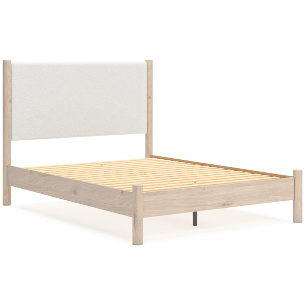 Mooran Queen Size Bed, White Polyester Upholstery, Light Brown Wood