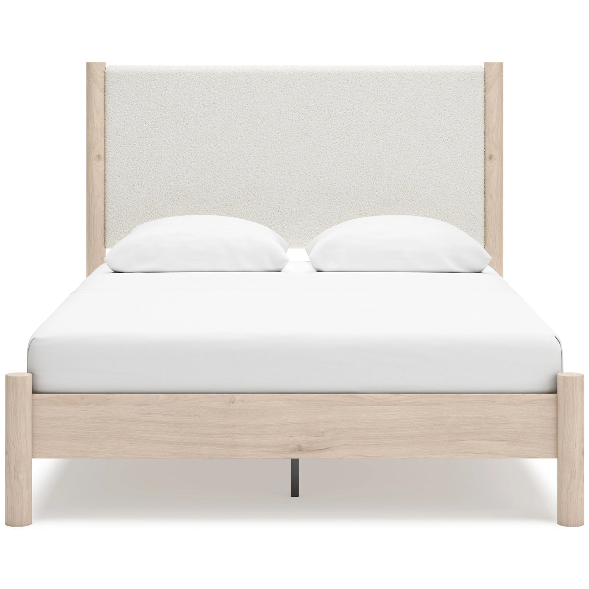 Mooran Queen Size Bed, White Polyester Upholstery, Light Brown Wood